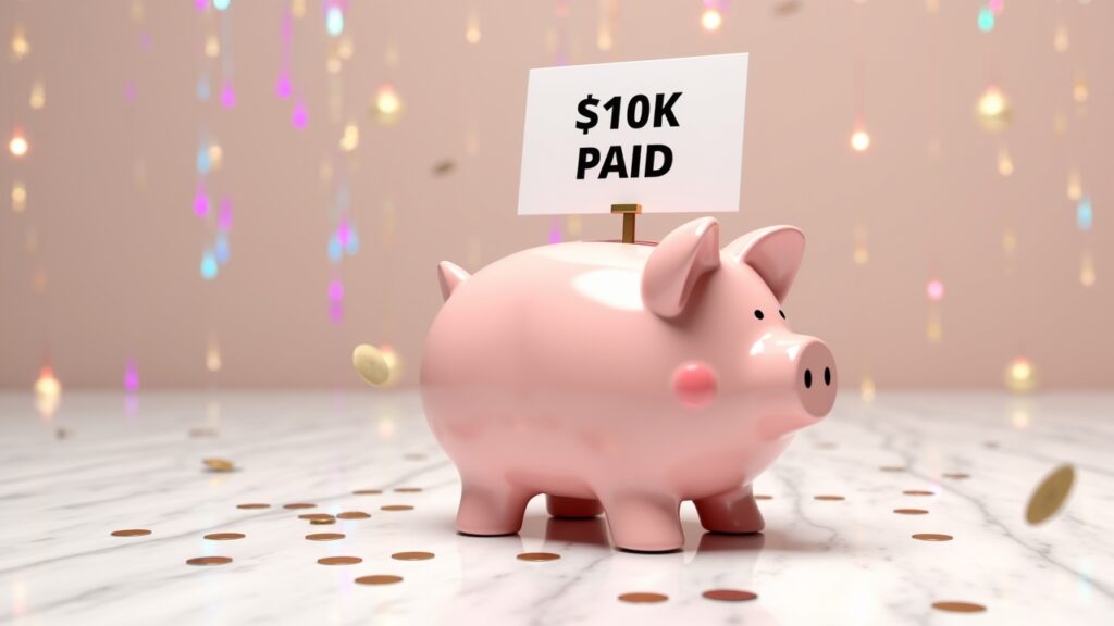 Piggy bank with "$10K PAID" sign and confetti around it