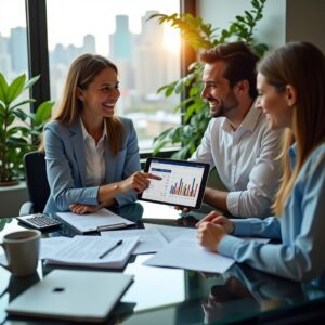 Bright professional office scene where a presentation is made