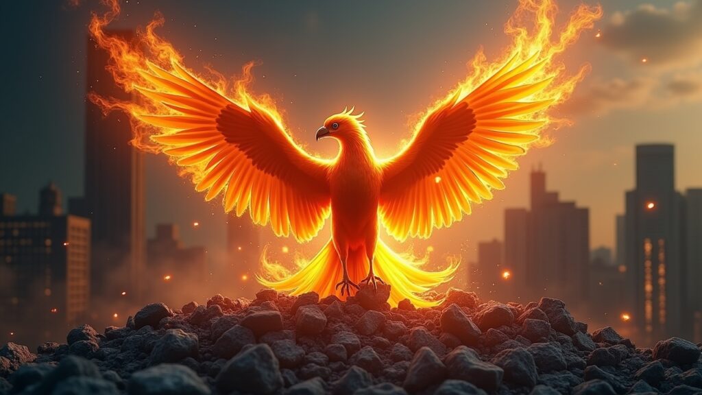 Phoenix rising from ashes representing financial recovery after bankruptcy