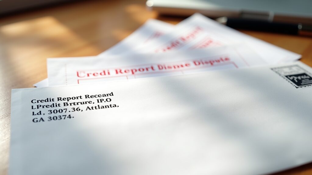 Envelope addressed to credit bureau with dispute documents inside