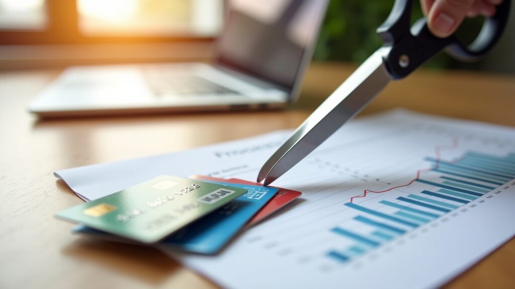 Credit cards being cut up with scissors next to progress chart