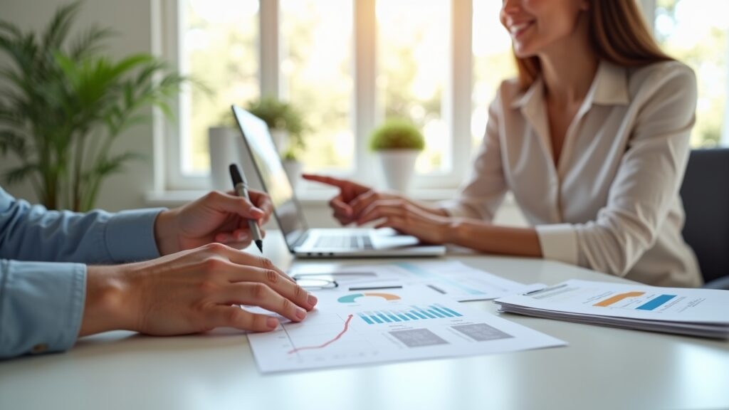Customer service representative helping client with credit repair paperwork