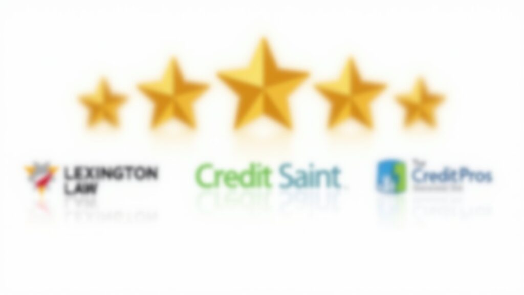 Five-star rating graphic with credit repair company logos underneath