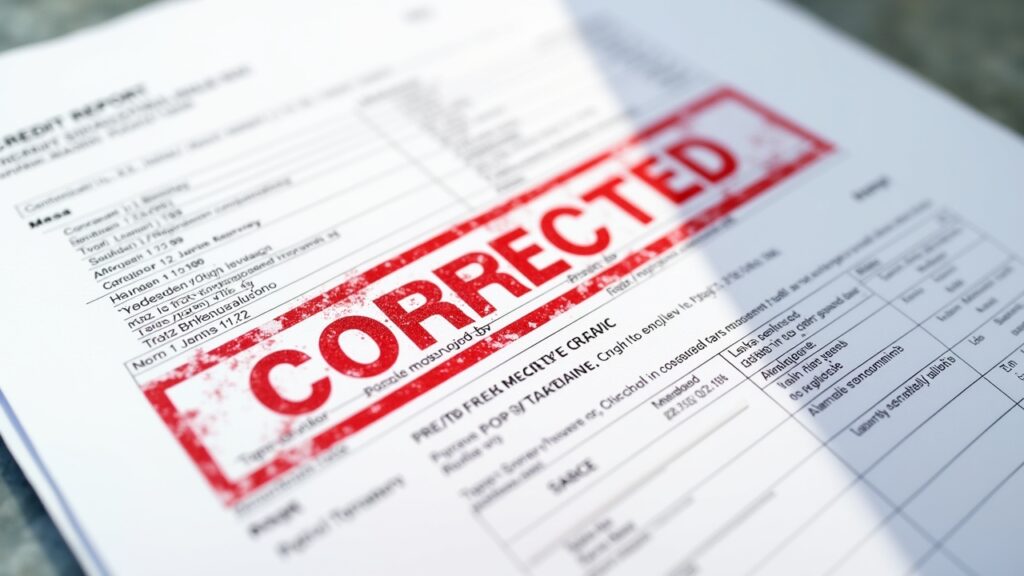 "CORRECTED" stamp over fixed credit report entry