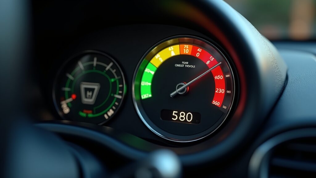 Credit score gauge dropping from good to poor range