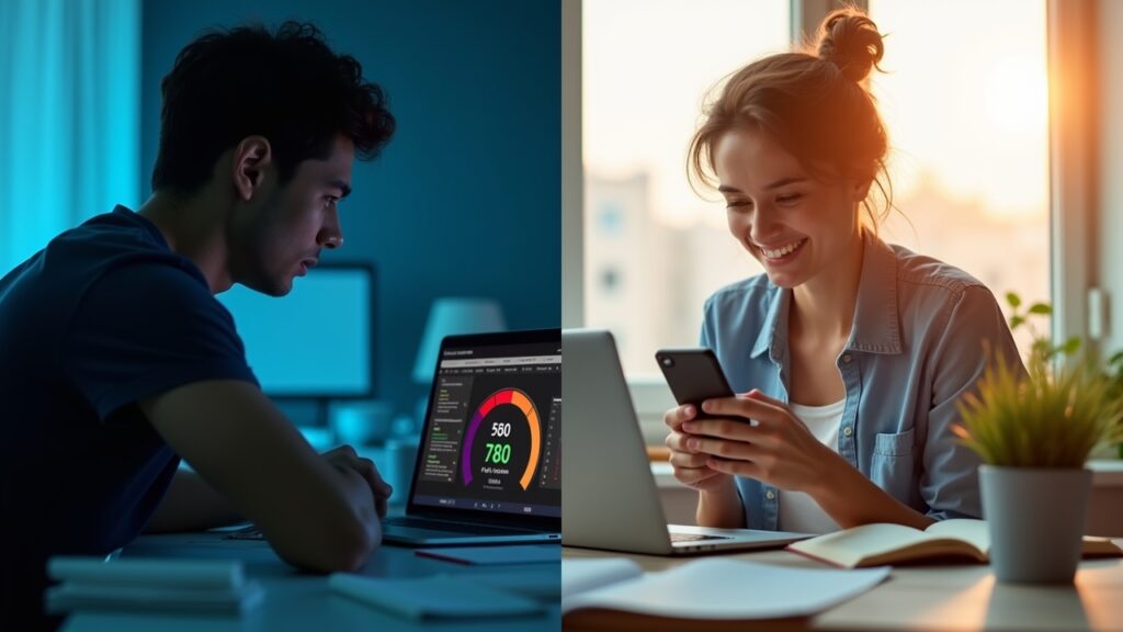 Before and after credit scores showing improvement from using software