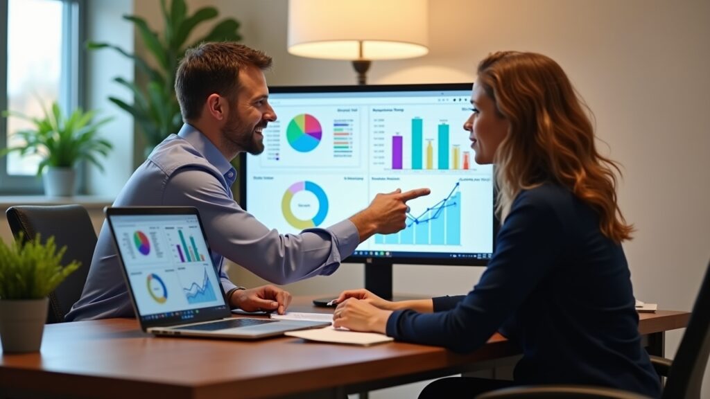 Credit counselor explaining options to client with charts and graphs