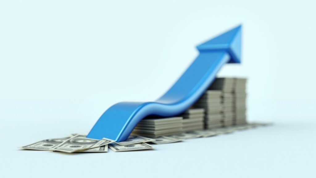 Upward trending arrow graphic overlaying scattered bills transforming to organized stack
