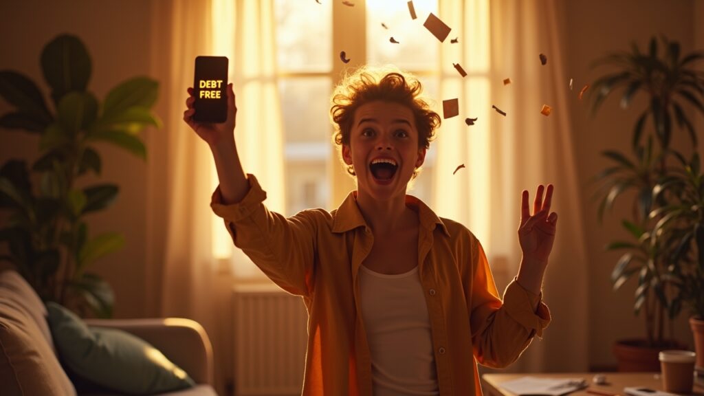 Person celebrating while looking at "DEBT FREE" notification on phone