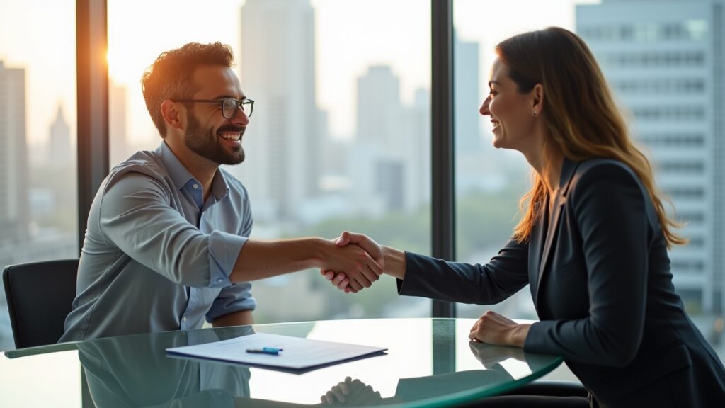 Handshake between consumer and bank representative over reduced debt agreement