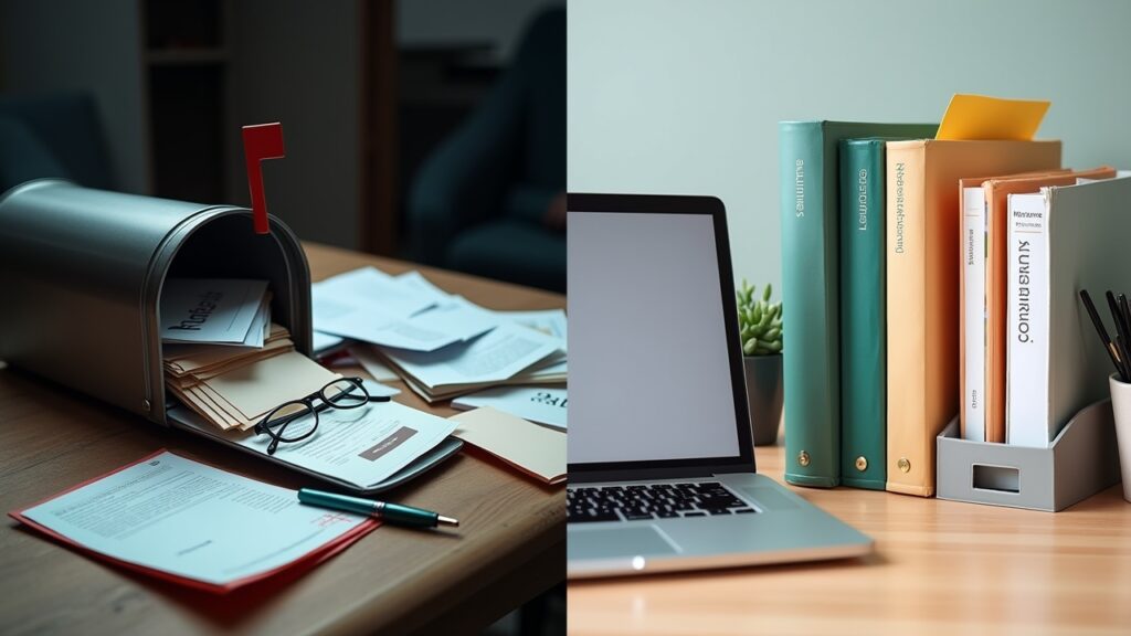 Before and after: messy bills vs organized financial folder system