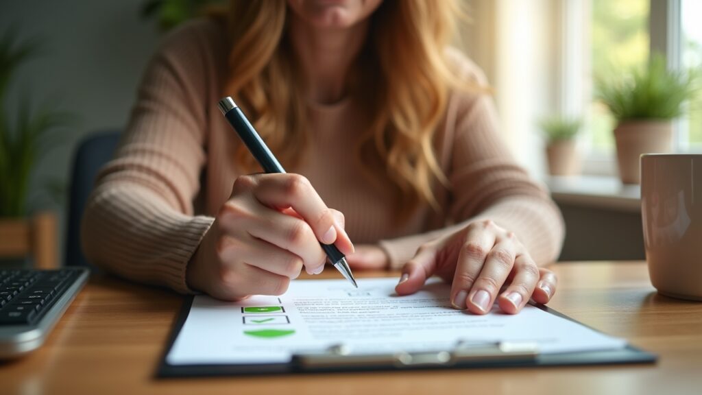 Person checking off paid debts on a list with satisfied expression