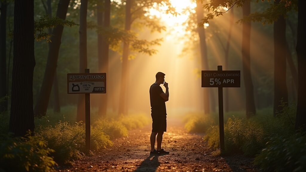 Person choosing between two paths with signposts showing different debt options