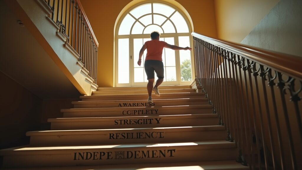Person climbing upward steps labeled with rehabilitation milestones