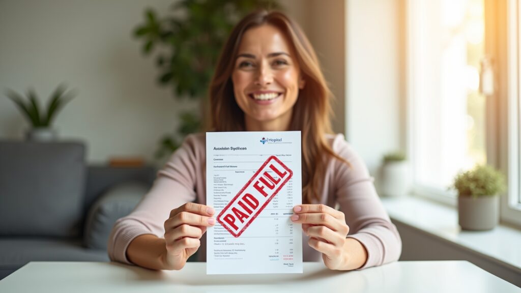 Medical bill with "PAID IN FULL" stamp and relieved patient