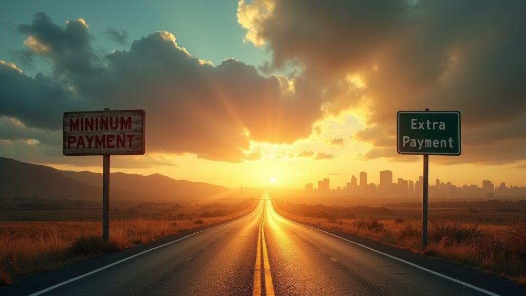 Two roads diverging: one labeled "minimum payment" (longer) vs "extra payment" (shorter)