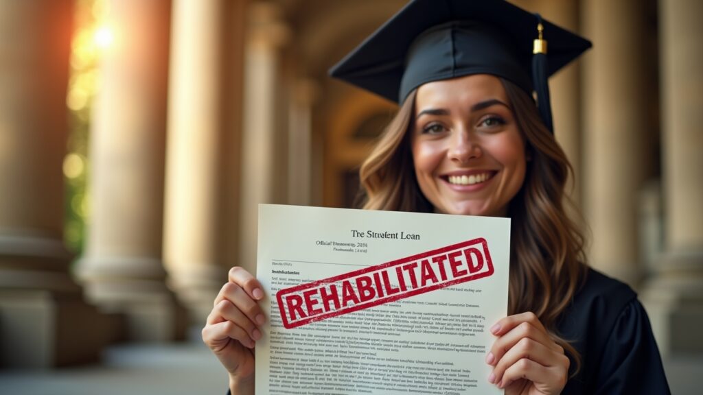 "REHABILITATED" stamp over student loan document with relieved graduate