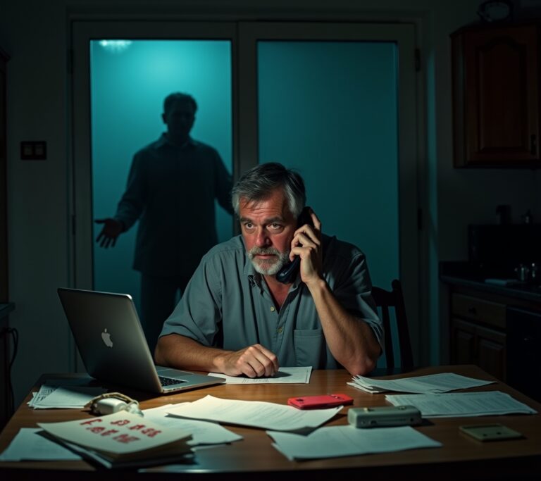 Person confidently speaking on phone with debt collector while reading rights document