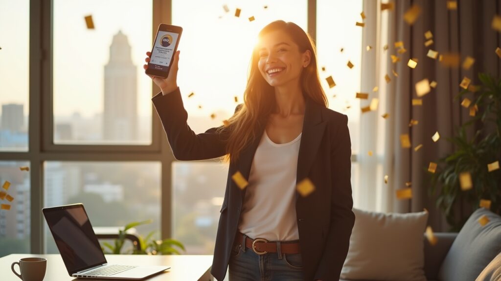 Independent person celebrating improved credit score