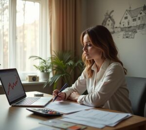 Divorced person reviewing credit report with wedding ring removed