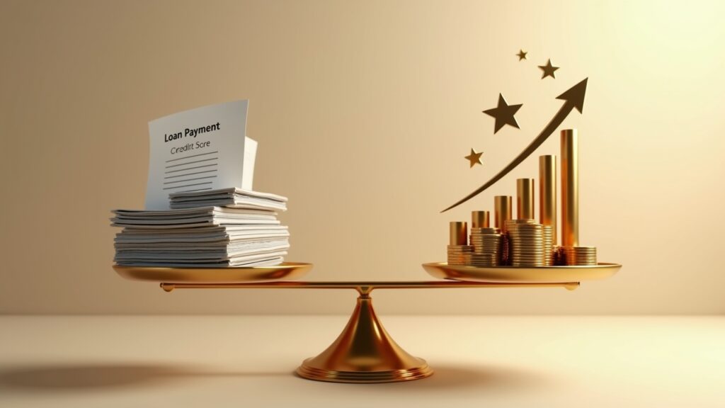 Balance scale showing loan payments and credit improvement