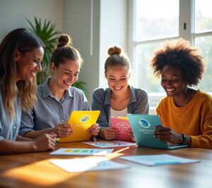 Person rejecting payday loan storefront, looking at phone for alternatives
