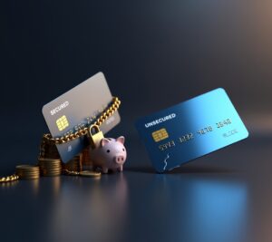 Two credit cards side by side labeled "secured" and "unsecured"