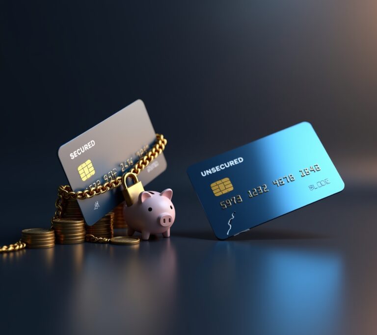 Two credit cards side by side labeled "secured" and "unsecured"