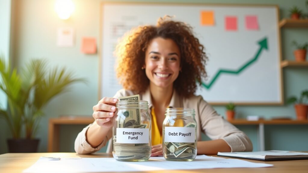 Person successfully managing both emergency fund and debt payoff