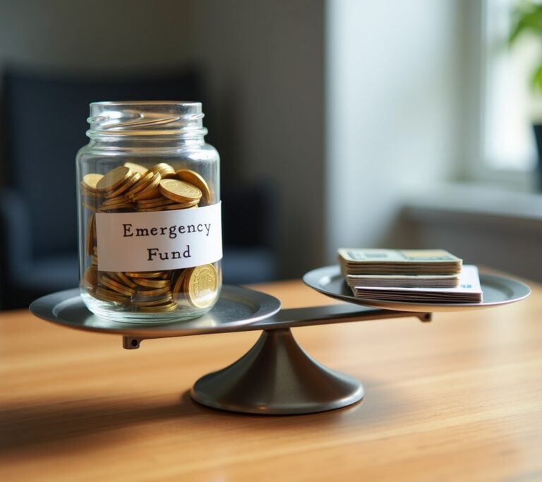 Scale balancing emergency fund jar and debt payoff stack